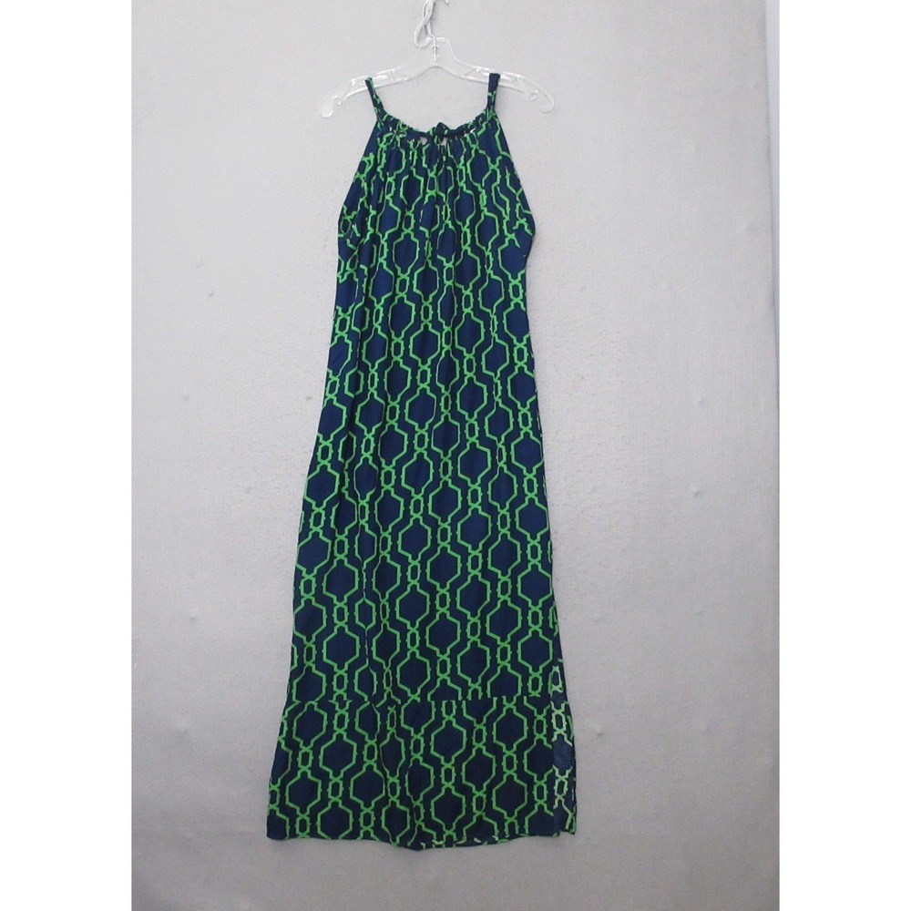 Escapada Dress M Blue Green Geometric Halter Neck Maxi Coastal Beach Vacation